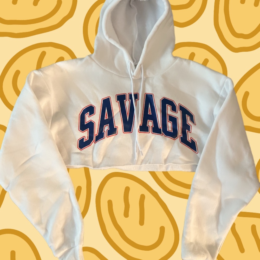 White Cropped Hoodie with 'SAVAGE' Print